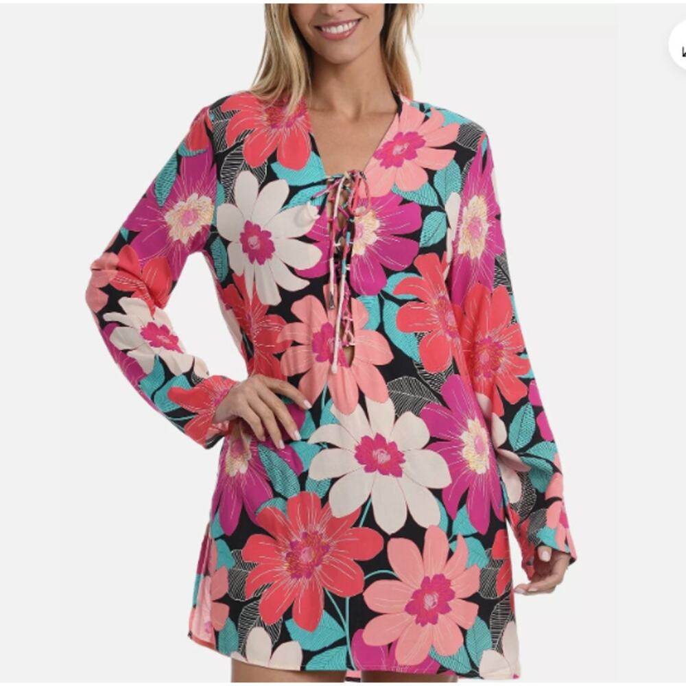 La Blanca Lace Front Tunic Swim Cover Up Multicolor In Full Bloom Size XL Pink